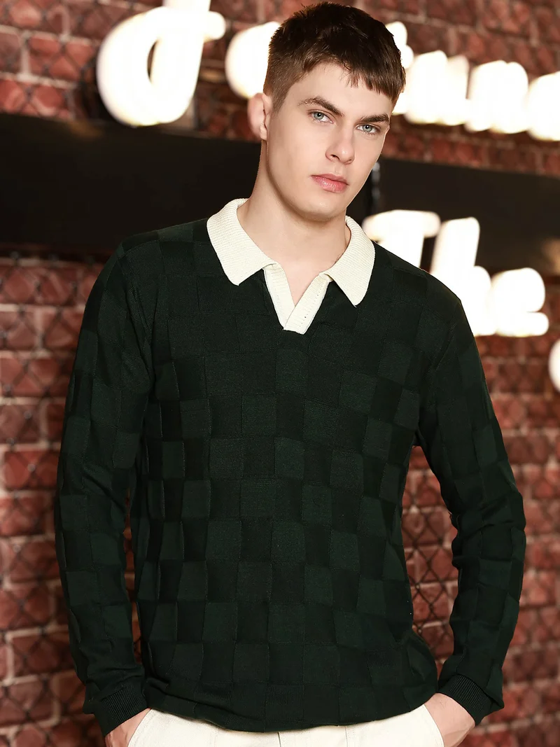 مانياك Maniac Mens Stripes Full Sleeve Half Zipper Regular Fit Beige and Black Cotton Polo T-shirt